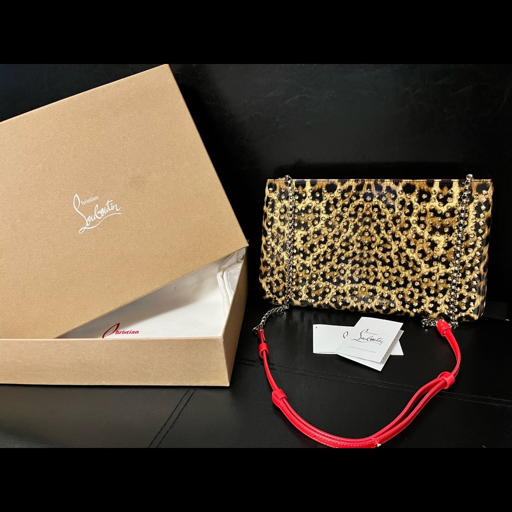 Christian Louboutin Patent Leopard Loubiposh Spiked Crossbody Clutch Bag